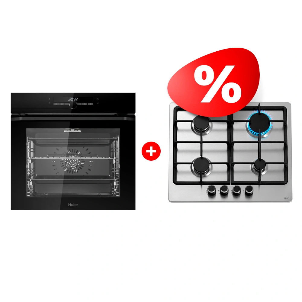Комплект Встраиваемый духовой шкаф Haier HOQ-F6CASGB + Газовая варочная поверхность Haier HHX-M64CNX 