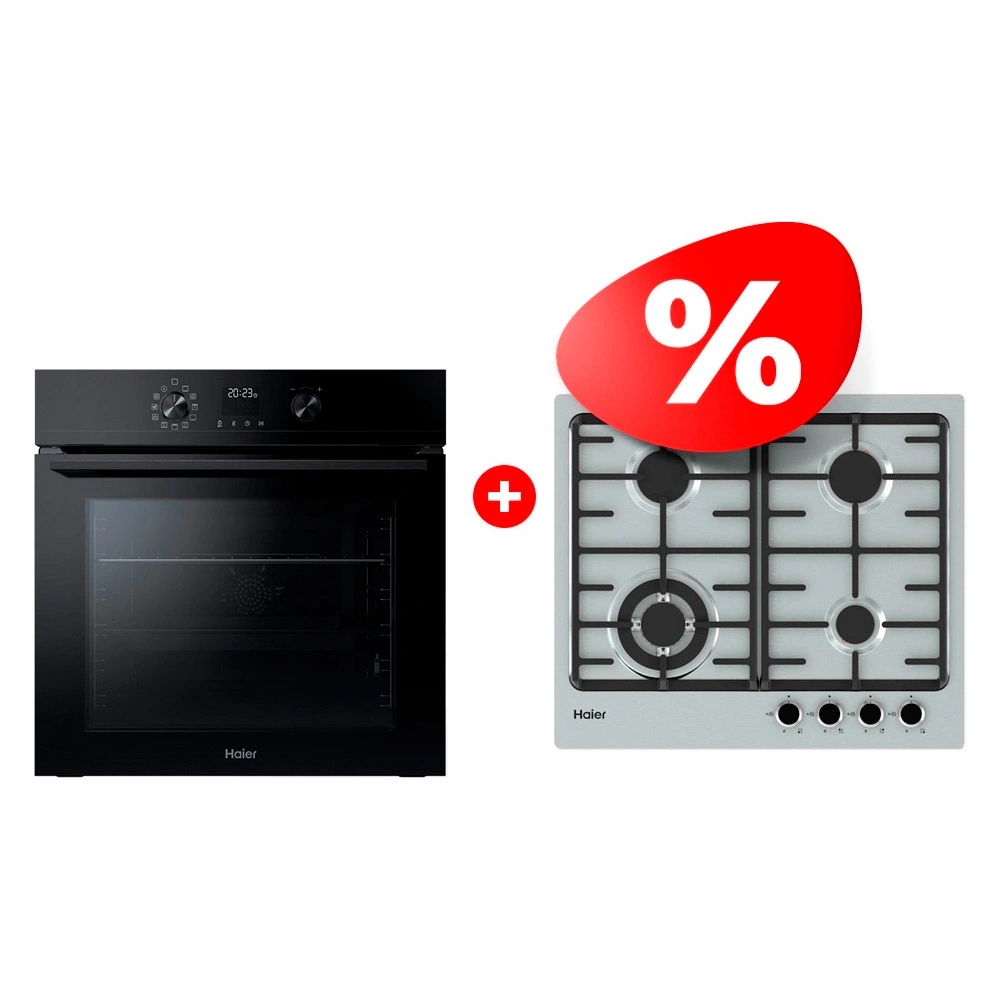 Комплект Встраиваемый духовой шкаф Haier HOQ-K4AAN3GB + Газовая варочная поверхность Haier HHX-M64CWFX 