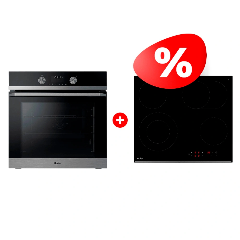 Жиынтық Встраиваемый духовой шкаф Haier HOQ-K5AAN3BX + Haier шыны керамикалық плитасы HHY-C64ROVB 