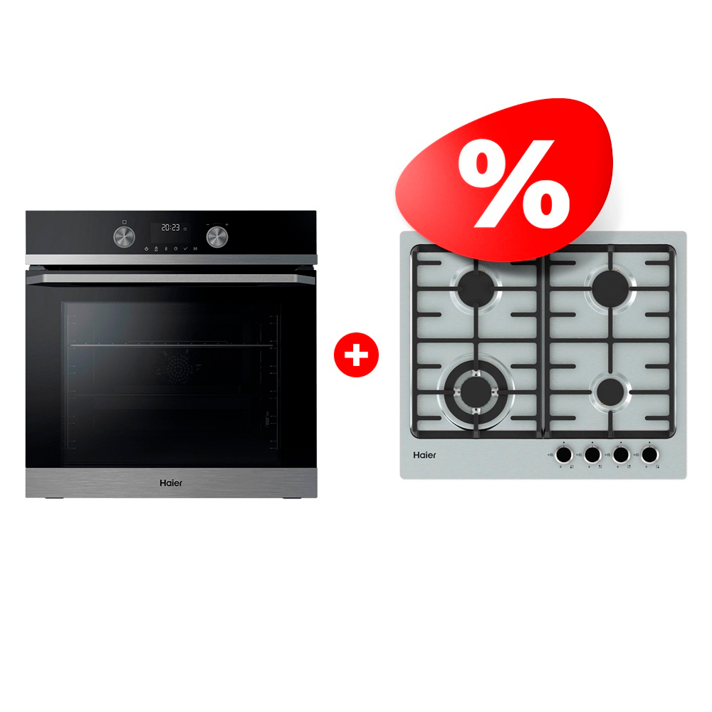 Жиынтық Встраиваемый духовой шкаф Haier HOQ-K5AAN3BX + Haier газ пісіру беті HHX-M64CWFX 