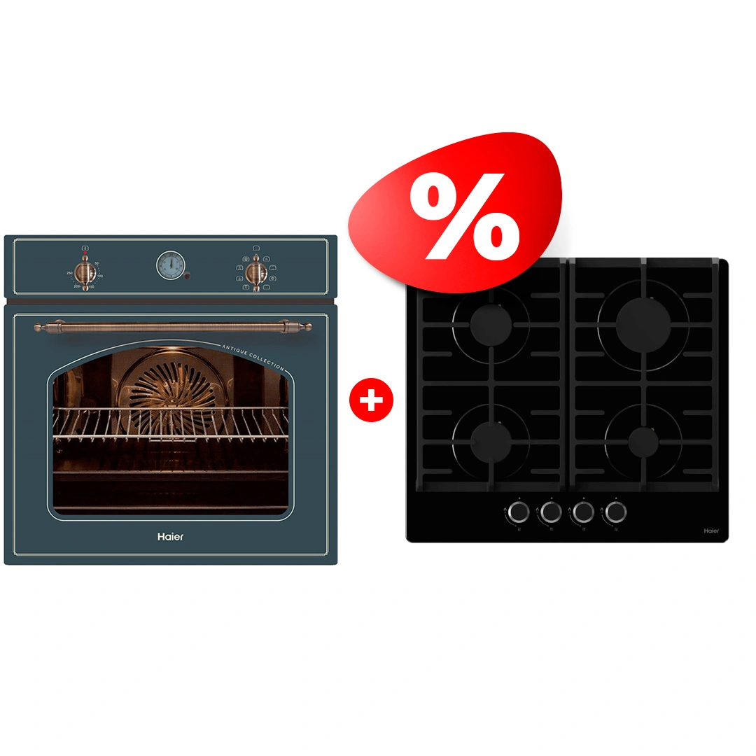 Комплект Встраиваемый духовой шкаф Haier + Газовая варочная поверхность Haier HOX-C09ATQBB + HHX-G64CNB