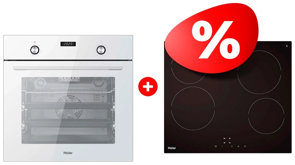 Комплект Встраиваемый духовой шкаф Haier HOY-P09NCGW + Стеклокерамическая варочная поверхность Haier HHY-C64NVTB 