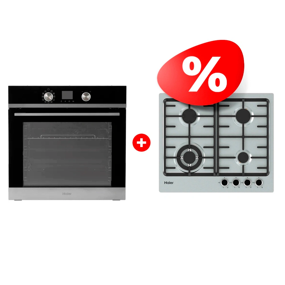 Комплект Встраиваемый духовой шкаф Haier HOQ-K4AAN3BX + Газовая варочная поверхность Haier HHX-M64CWFX 