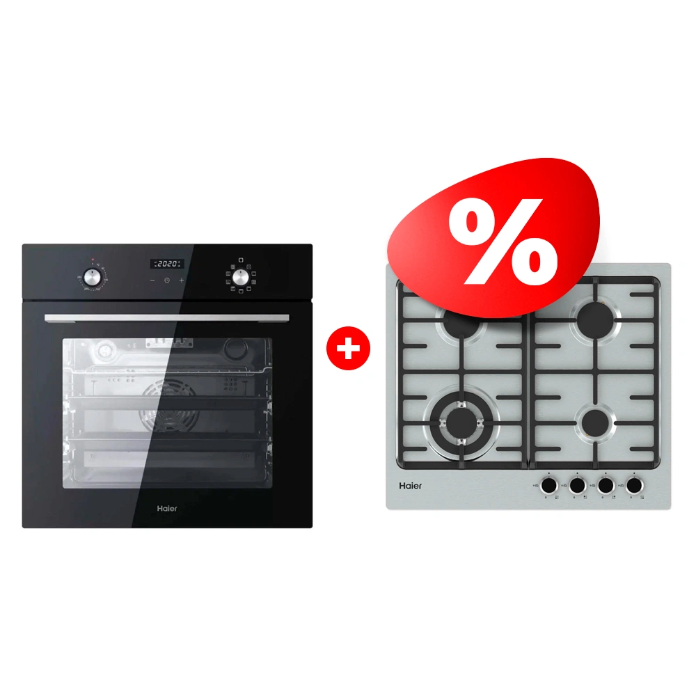 Комплект Встраиваемый духовой шкаф Haier HOY-P09NCGB + Газовая варочная поверхность Haier HHX-M64CWFX 