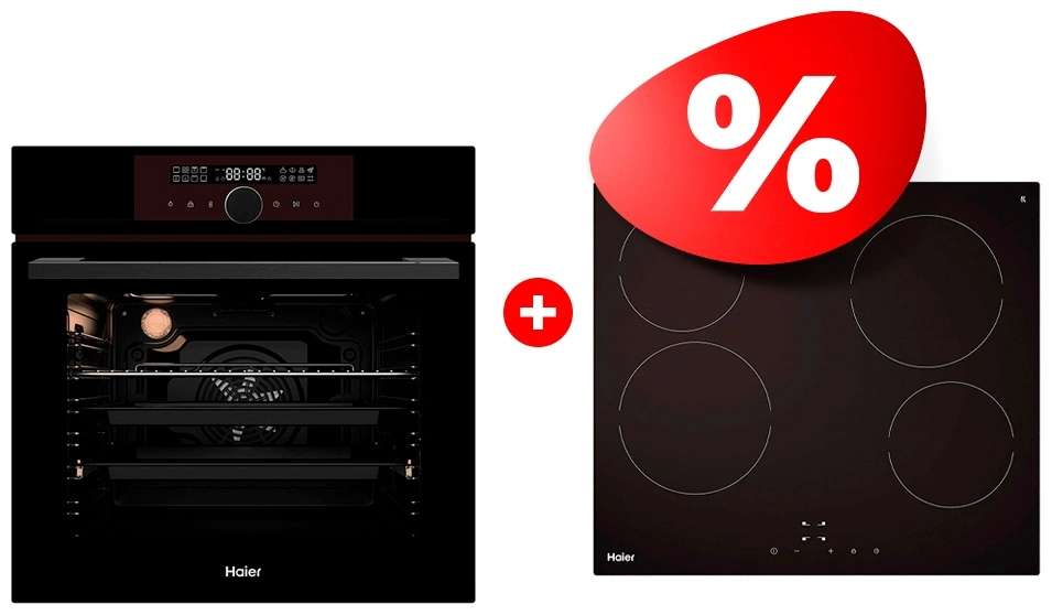 Комплект Встраиваемый духовой шкаф Haier HOX-FP5AGB + Стеклокерамическая варочная поверхность Haier HHY-C64NVTB 