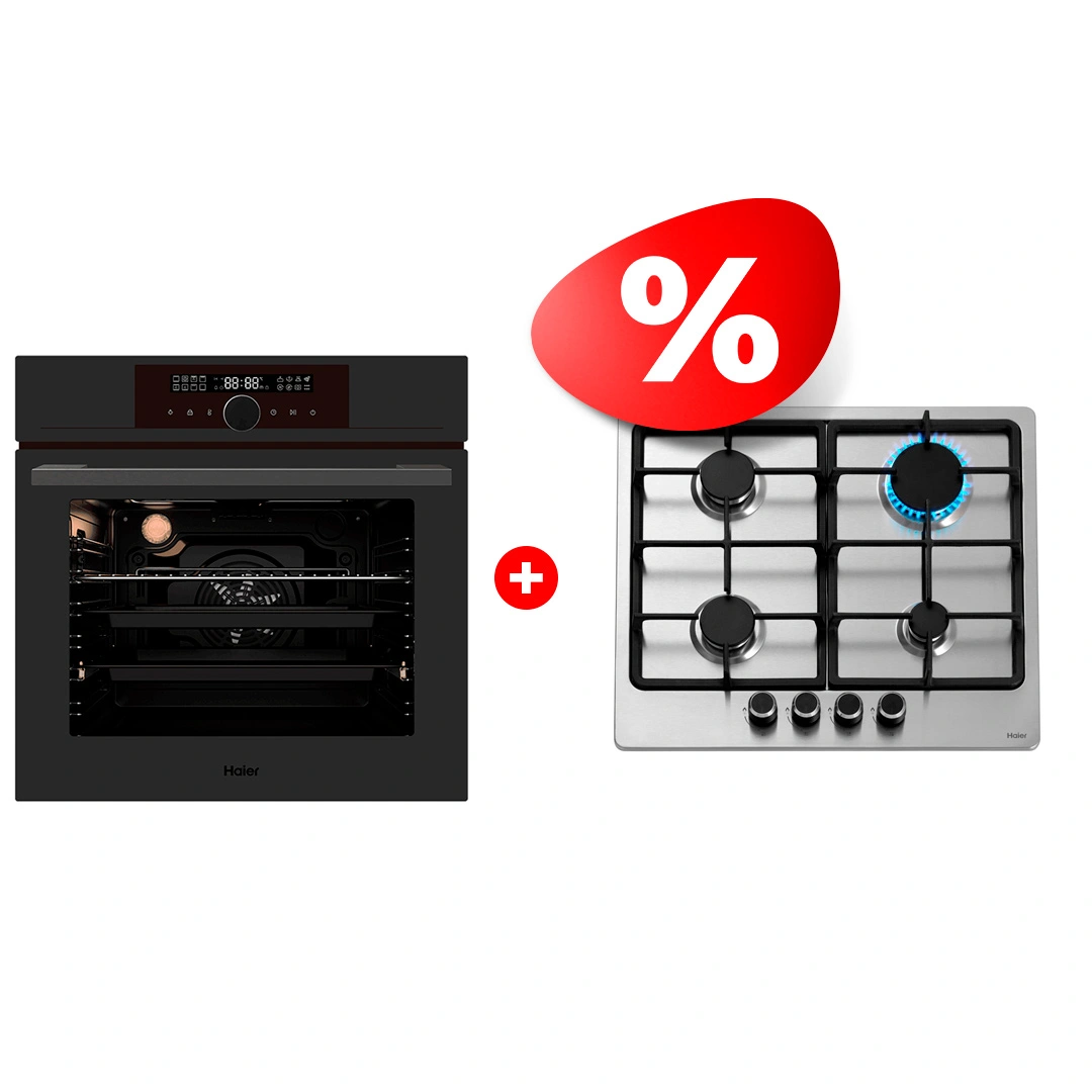 Комплект Встраиваемый духовой шкаф Haier HOX-FP5AGG + Газовая варочная поверхность Haier HHX-M64CNX
