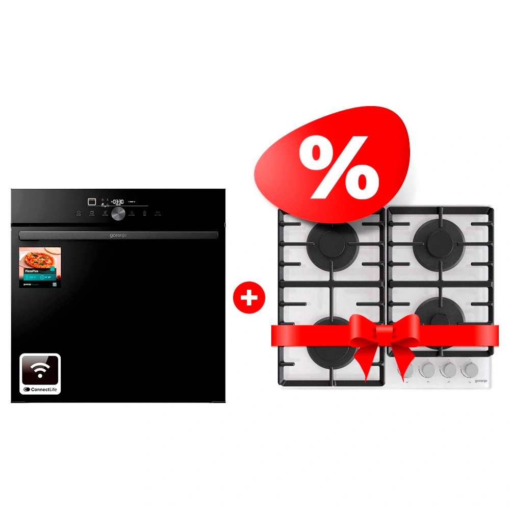 Жиынтық Gorenje кіріктірілетін электр пеші GO66E PIZZA350C + Gorenje газды пісіру беті GT642AXW 