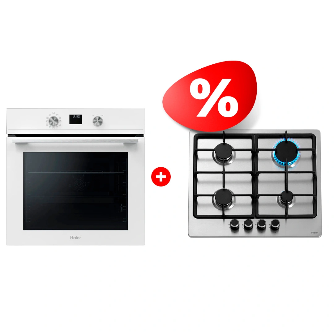 Жиынтық Встраиваемый духовой шкаф Haier HOQ-K4AAN3WB + Haier газ пісіру беті HHX-M64CNX 