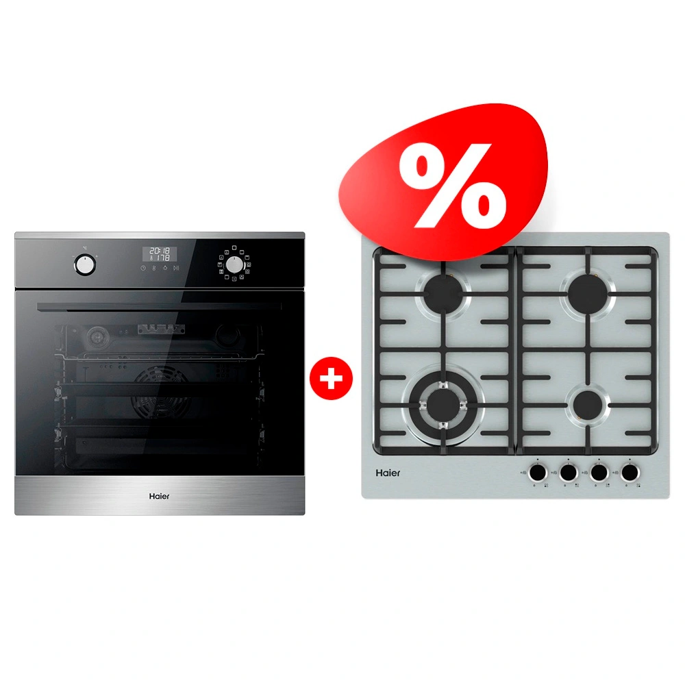 Комплект Встраиваемый духовой шкаф Haier HOX-P11CGBX + Газовая варочная поверхность Haier HHX-M64CWFX