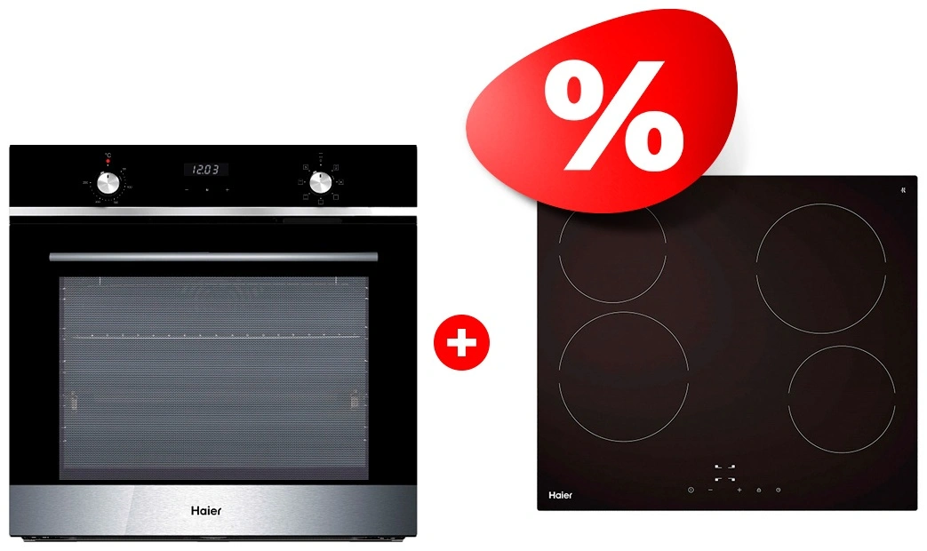 Комплект Встраиваемый духовой шкаф Haier HOX-P06HGBX + Стеклокерамическая варочная поверхность Haier HHY-C64NVTB 