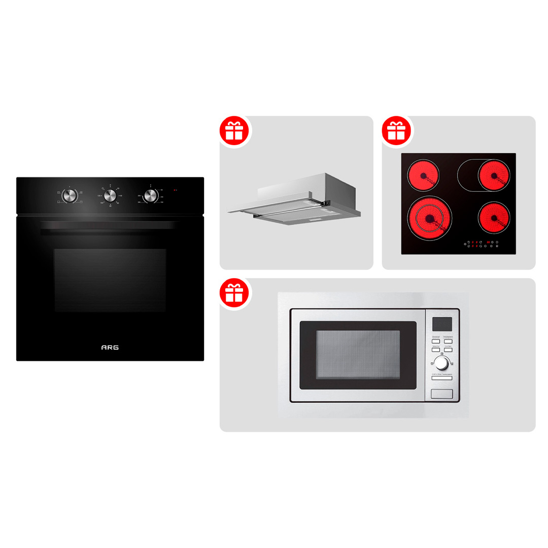 Комплект Встраиваемый духовой шкаф ARG 65M40M1-B0 + Вытяжка ARG YF01-S + Стеклокерамическая варочная поверхность ARG YL-CF6601HD + Встраиваемая микроволновая печь ARG M20SGR 