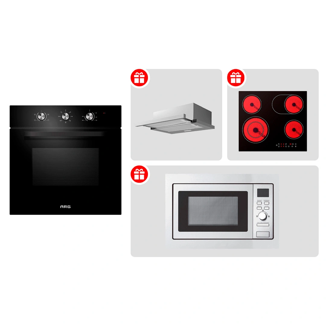 Комплект Встраиваемый духовой шкаф ARG 65M40M1-B0 + Вытяжка ARG YF01-S + Стеклокерамическая варочная поверхность ARG YL-CF6601HD + Встраиваемая микроволновая печь ARG M20SGR 