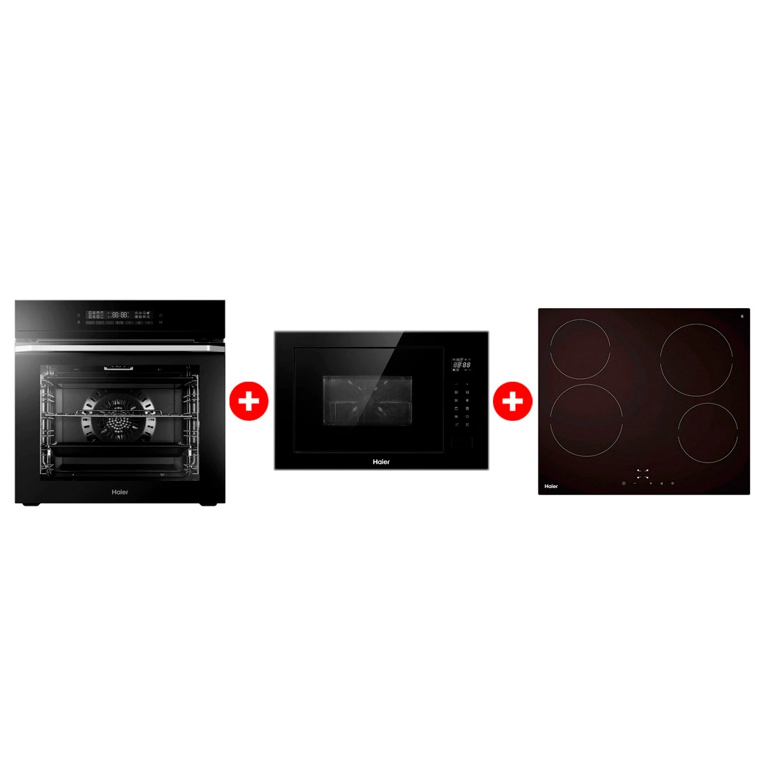 Жиынтық Haier кіріктірілетін тұмша шкафы HOQ-F5AAGB + Стеклокерамическая варочная поверхность Haier HHY-C64NVTB + Haier  кіріктірілетін микротолқынды пеші HMX-BTG259B 