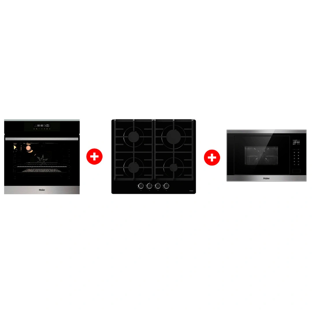 Комплект Встраиваемый духовой шкаф Haier HOX-FP3ABX + Встраиваемая микроволновая печь Haier HMX-BTG259X + Газовая варочная поверхность Haier HHX-G64CNB 