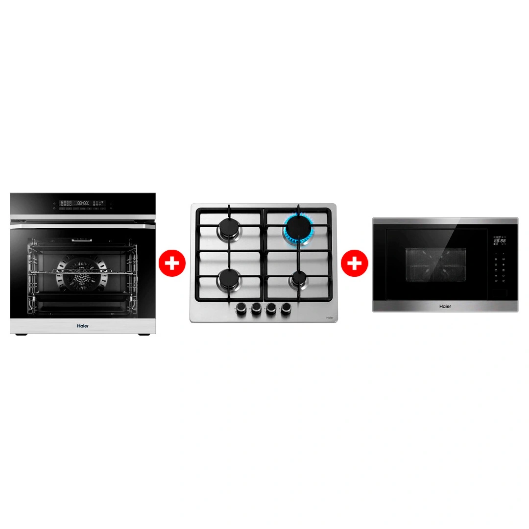 Комплект Встраиваемый духовой шкаф Haier HOQ-F5AABX + Встраиваемая микроволновая печь Haier HMX-BTG259X + Газовая варочная поверхность Haier HHX-M64CNX 
