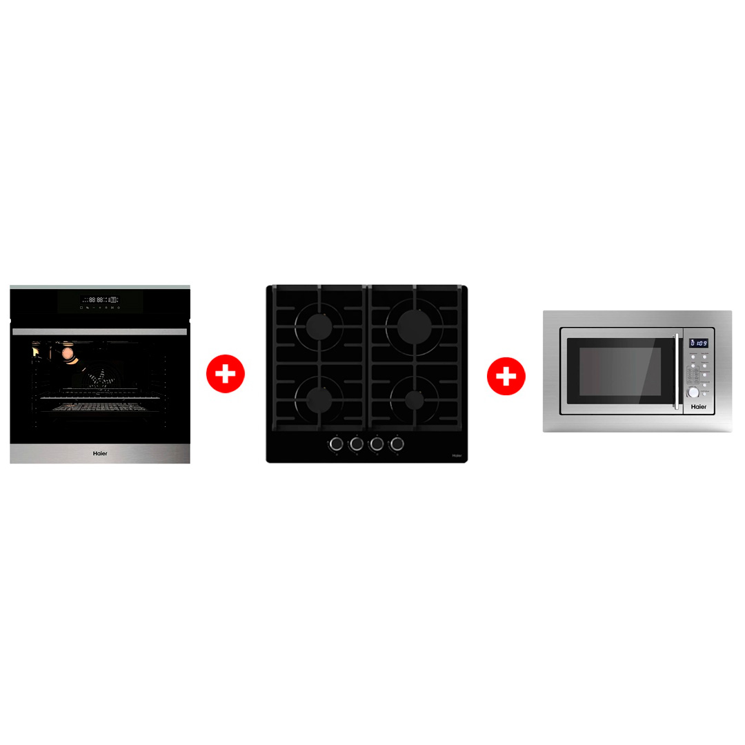 Жиынтық Haier кіріктірілетін тұмша шкафы HOX-FP3ABX + Haier  кіріктірілетін микротолқынды пеші HMX-BDG259LX + Haier газ пісіру беті HHX-G64CNB 