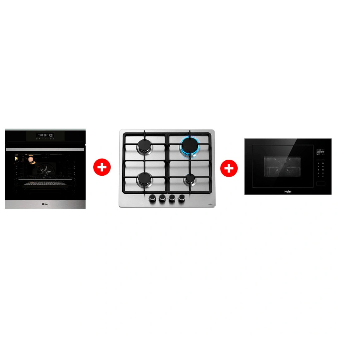 Комплект Встраиваемый духовой шкаф Haier HOX-FP3ABX + Встраиваемая микроволновая печь Haier HMX-BTG259B + Газовая варочная поверхность Haier HHX-M64CNX 