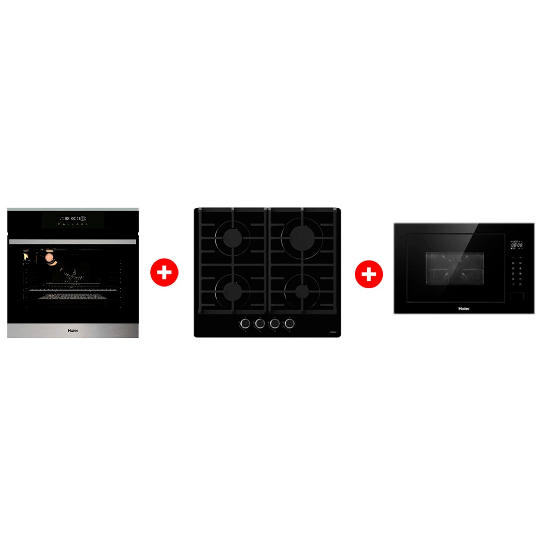 Комплект Встраиваемый духовой шкаф Haier HOX-FP3ABX + Встраиваемая микроволновая печь Haier HMX-BTG259B + Газовая варочная поверхность Haier HHX-G64CNB 