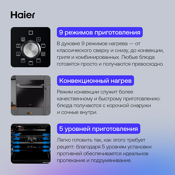 Комплект Встраиваемый духовой шкаф Haier HOD-TM09PGB + Газовая варочная поверхность Haier HHX-M64CWFX  - фото 6