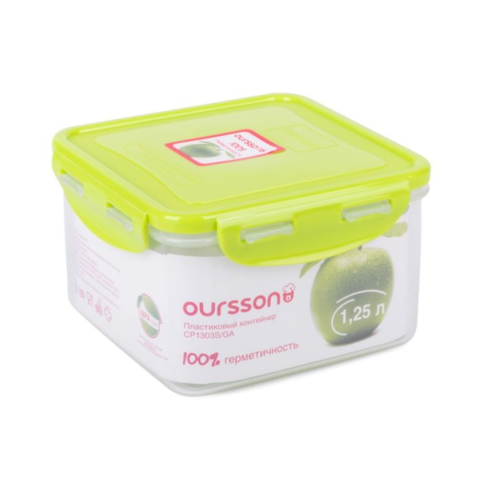 Пластиковый контейнер Oursson, салатовая крышка, 1,25 л, квадратный 