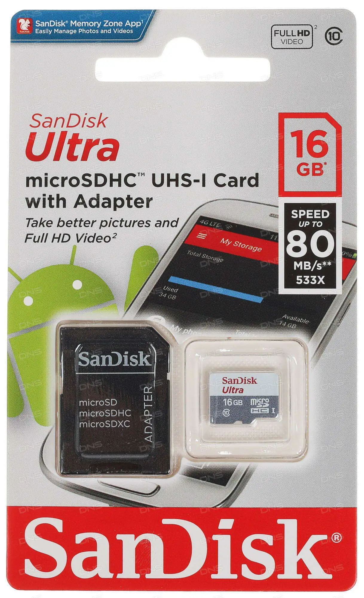 Карта памяти SANDISK MicroSD 16 GB, 10 Class + A (SDSQUNS-016G-GN3MA)