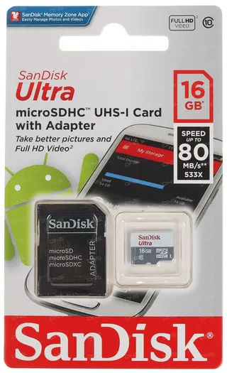 Карта памяти SANDISK MicroSD 16 GB, 10 Class + A (SDSQUNS-016G-GN3MA)