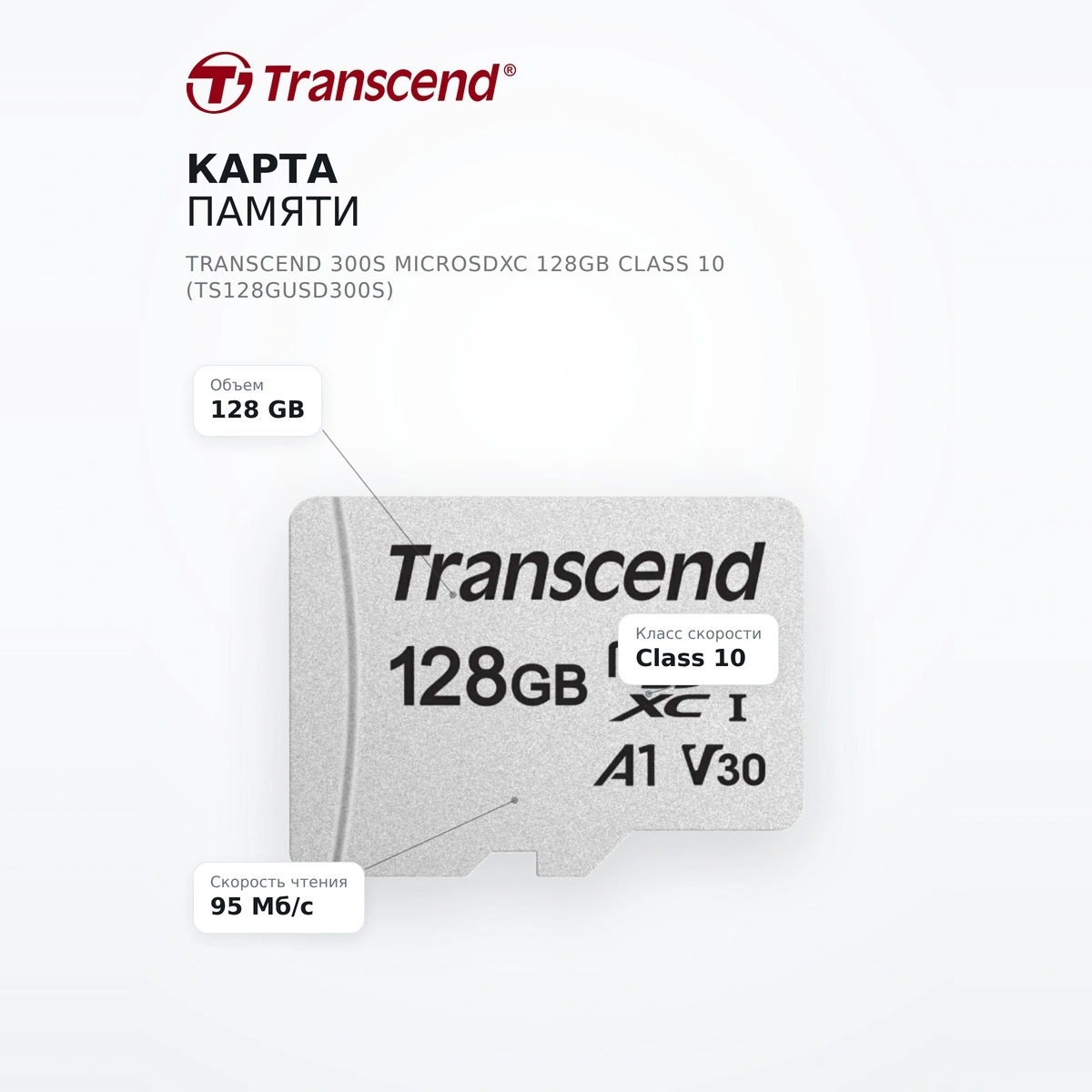 Transcend жад картасы 300S MicroSDXC 128GB Class 10 (TS128GUSD300S) - фото 7
