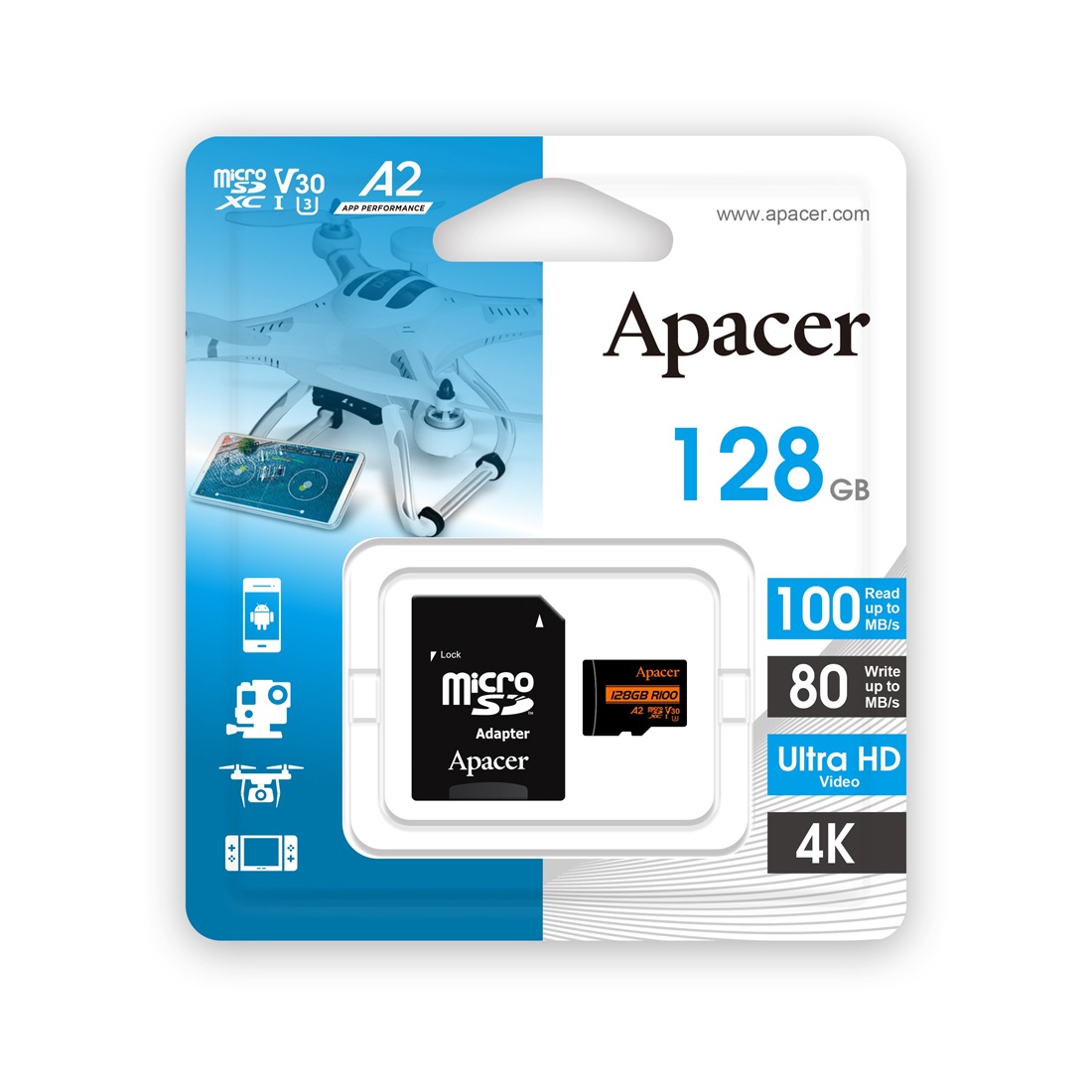 Карта памяти Apacer AP128GMCSX10U8-R 128GB с адаптером SD 