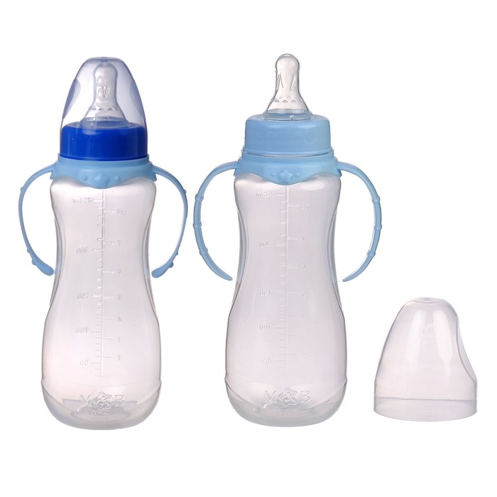 Бутылочка для кормления детская приталенная, с ручками, 250 мл, от 0 мес., цвет голубой МИКС 