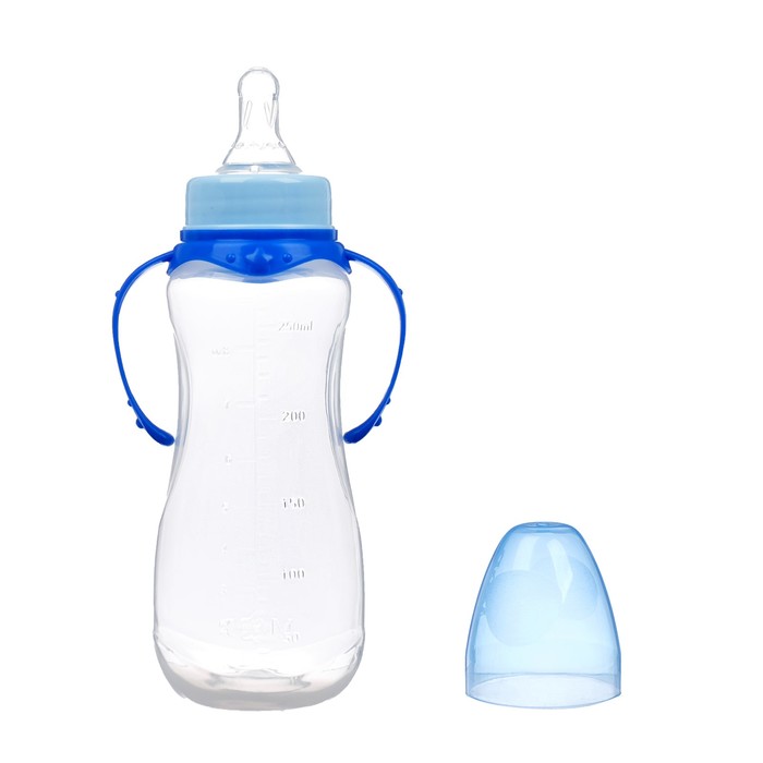 Бутылочка для кормления детская приталенная, с ручками, 250 мл, от 0 мес., цвет синий 