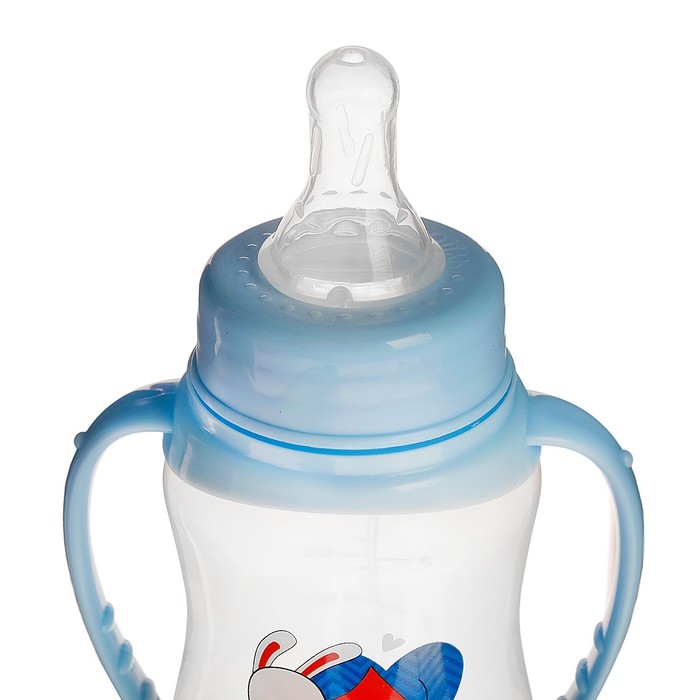 Бутылочка для кормления «Зайка супергерой» детская приталенная, с ручками, 150 мл, от 0 мес., цвет голубой 