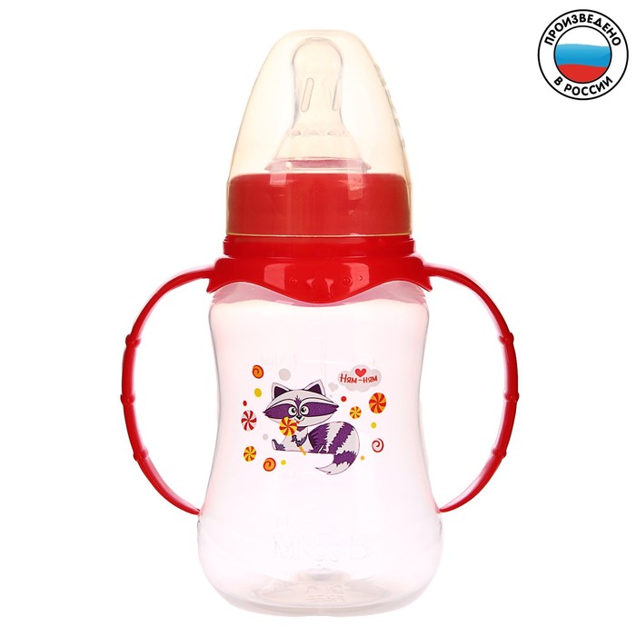Бутылочка для кормления «Енотик Тобби» детская приталенная, с ручками, 150 мл, от 0 мес., цвет красный 