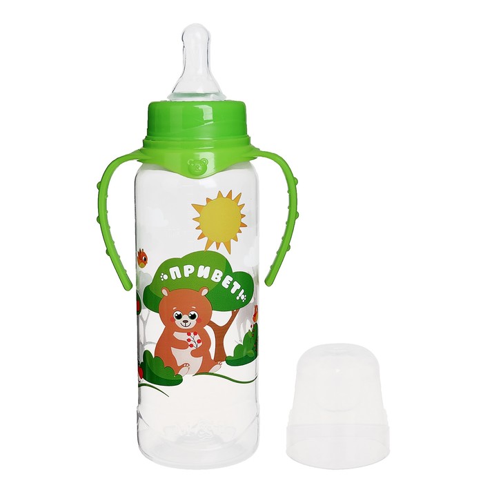 Бутылочка для кормления «Лесная сказка» детская классическая, с ручками, 250 мл, от 0 мес., цвет зелёный 