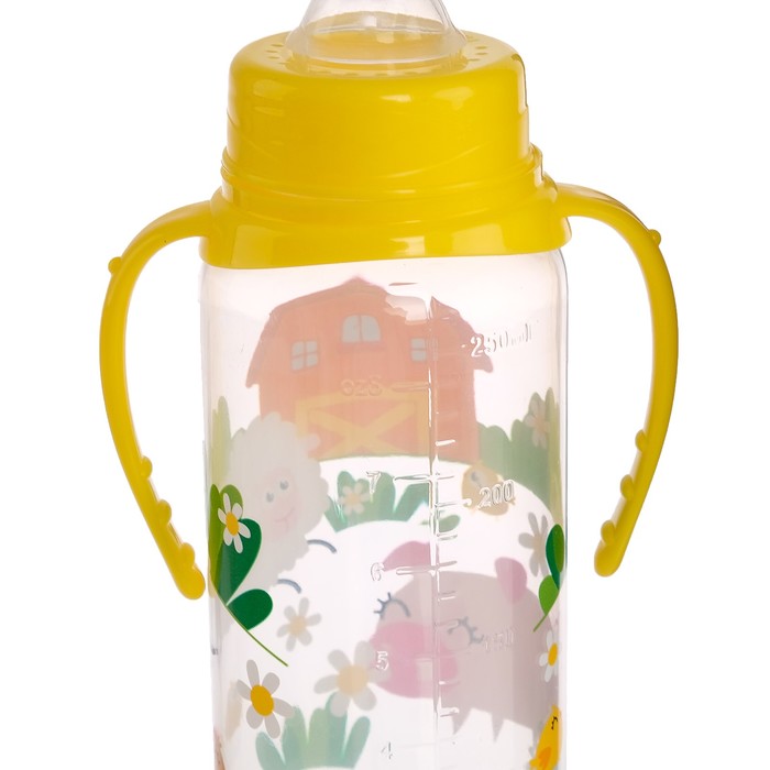 Бутылочка для кормления «Весёлая ферма» детская классическая, с ручками, 250 мл, от 0 мес., цвет жёлтый 