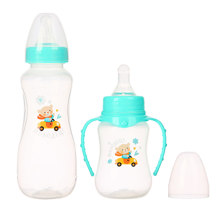 Подарочный детский набор «Мишка Берри»: бутылочки для кормления 150 и 250 мл, приталенные, от 0 мес., цвет бирюзовый 
