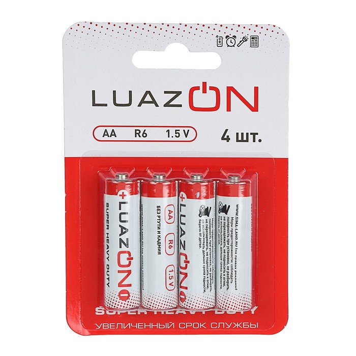 Батарейка солевая LuazON Super Heavy Duty, AA, R6, блистер, 4 шт 