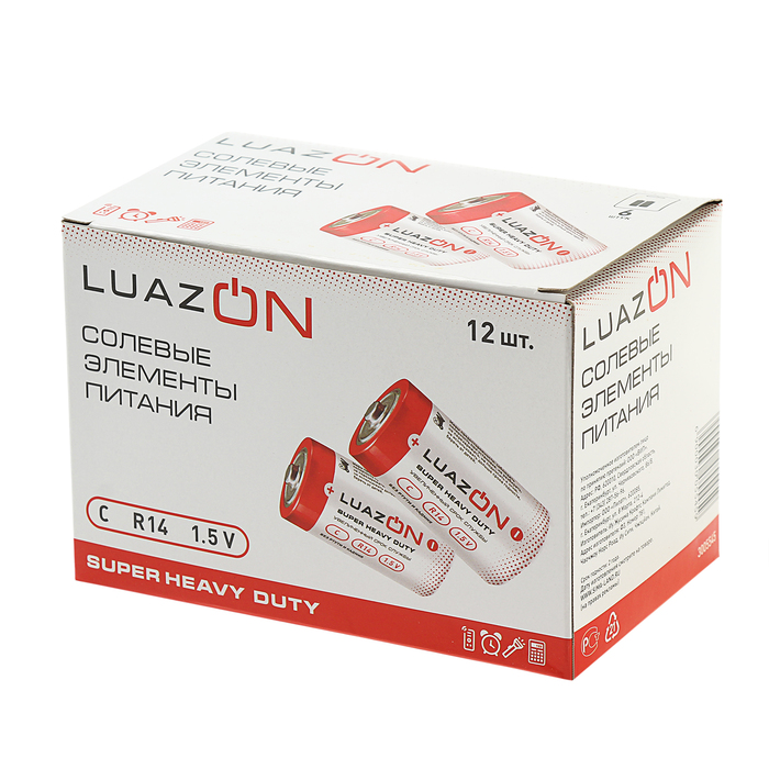 Батарейка солевая LuazON Super Heavy Duty, C, R14, блистер, 2 шт 
