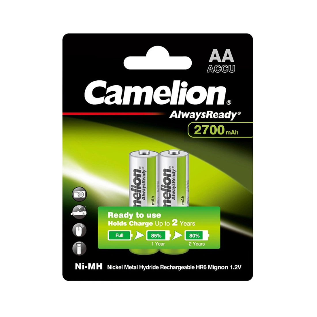 Аккумулятор CAMELION AlwaysReady Ni-MH Rechargeable NH-AA2700ARBP2 2 шт. в блистере NH-AA2700ARBP2 - фото 2