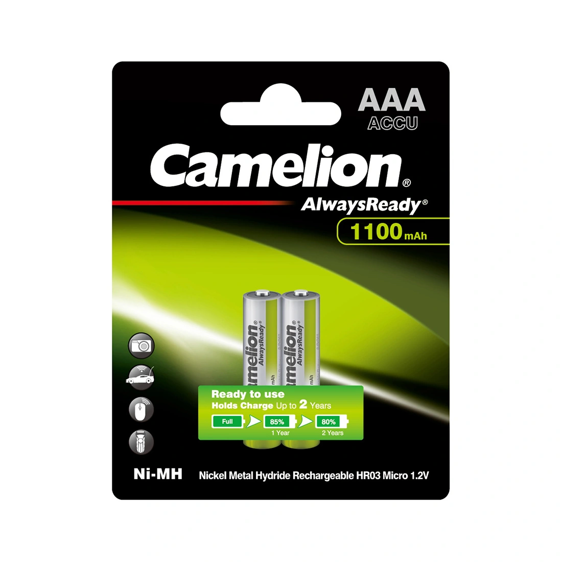 Аккумулятор CAMELION AlwaysReady Ni-MH Rechargeable NH-AAA1100ARBP2 2 шт. в блистере NH-AAA1100ARBP2