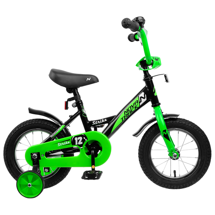 Велосипед 12" Novatrack Strike, 2020, цвет чёрный/зелёный 