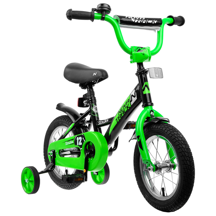 Велосипед 12" Novatrack Strike, 2020, цвет чёрный/зелёный 