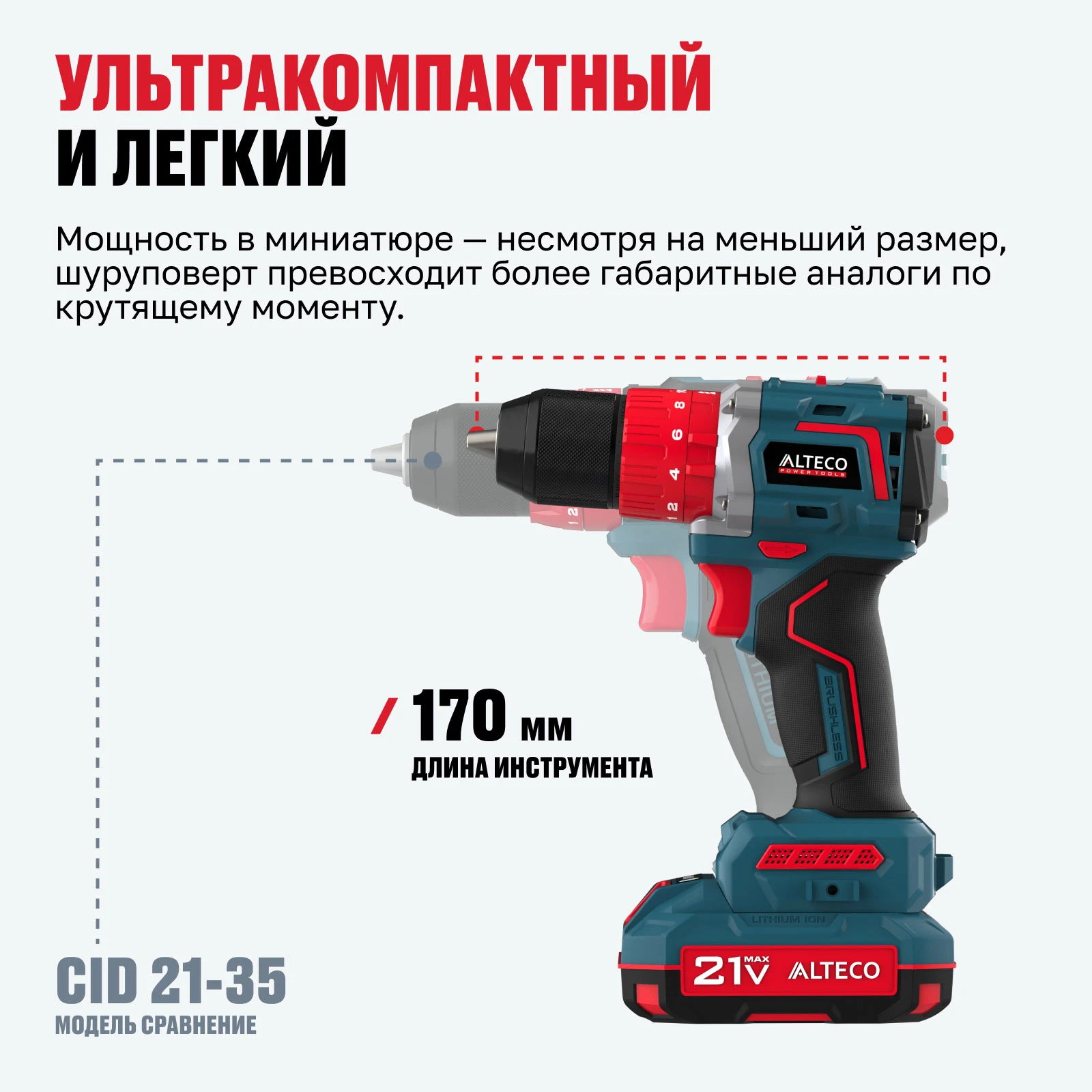 Бесщеточная аккумуляторная ударная дрель-шуруповерт ALTECO CID 21-60 BL  - фото 2