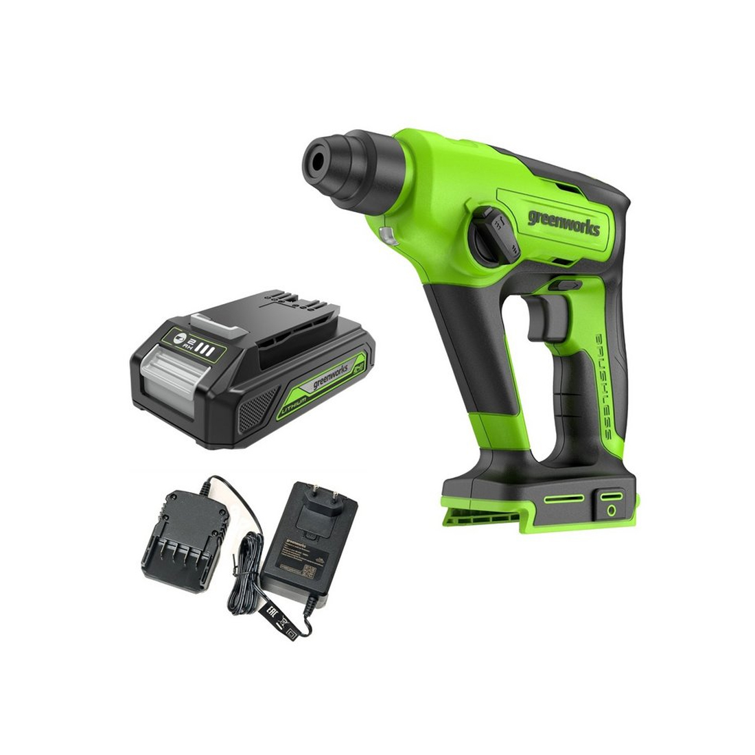 Перфоратор аккумуляторный бесщеточный Greenworks GD24SDS1K2 24V c 1хАКБ 2Ач и ЗУ в сумке 