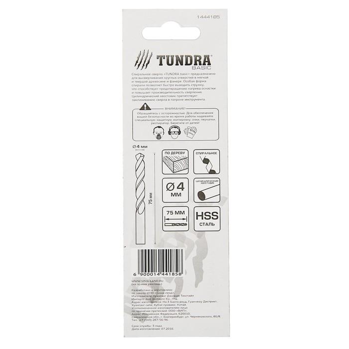 Сверло по дереву TUNDRA basic, цилиндрический хвостовик, 4 х 75 мм, 2 шт. 