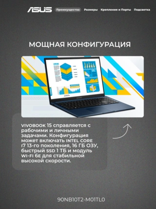 Ноутбук Asus Vivobook 15 X1502VA-BQ1277 core i7 13620H / SSD 512GB / UHD Graphics / DOS / 90NB10T2-M01TL0  - фото 3