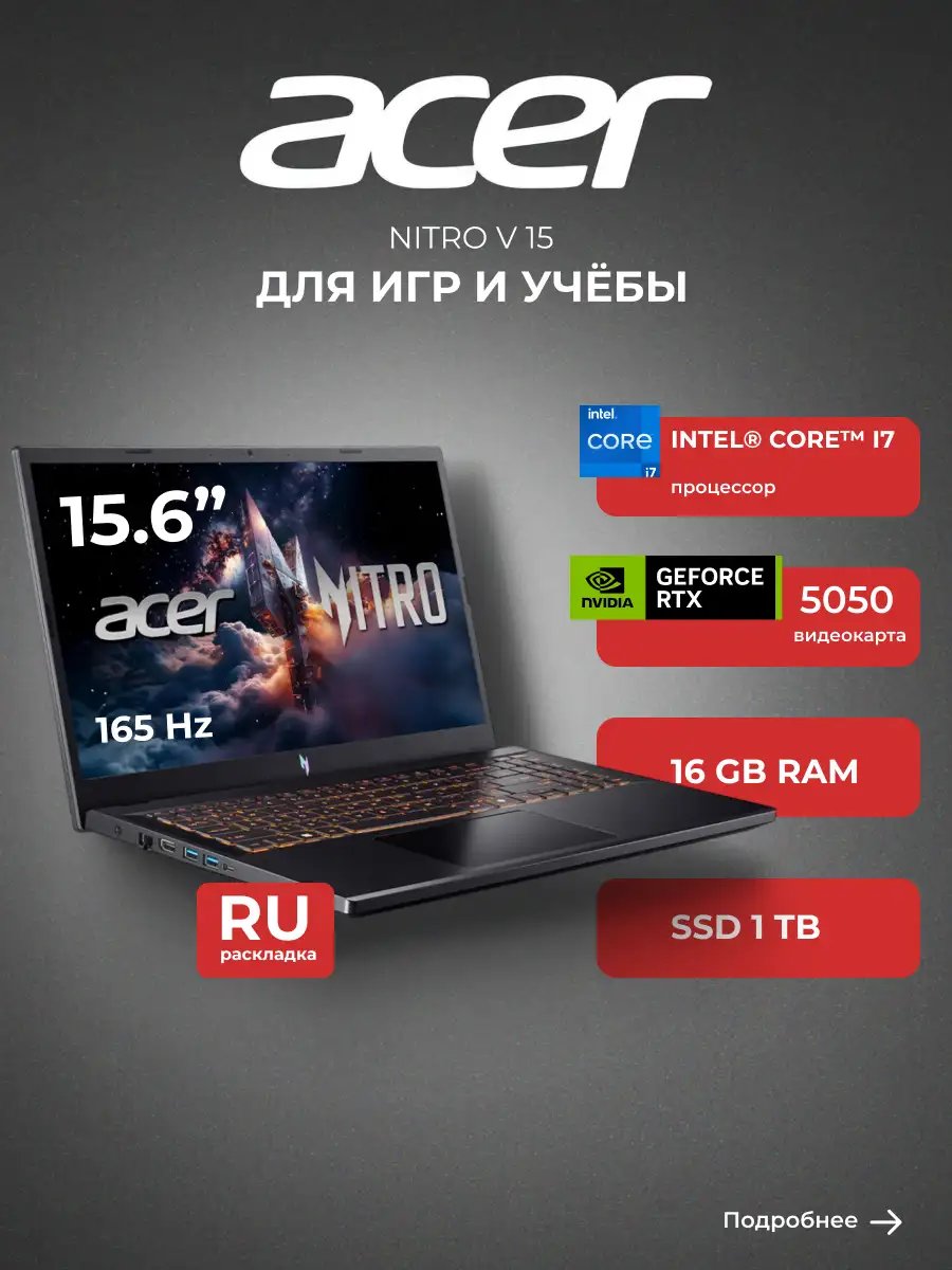 Ноутбук Acer Nitro V 15 Intel Core i7 13620H 16GB / SSD 1TB / RTX 5050 8GB / DOS / NH.QZ7ER.003 - фото 2