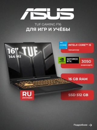 Ноутбук Asus TUF Gaming F16 FX607VJB-RL204 Core i5-210H 16GB / SSD 512GB / RTX 3050 4GB / NO OS / 90NR0MZ6-M00AT0 - фото 2