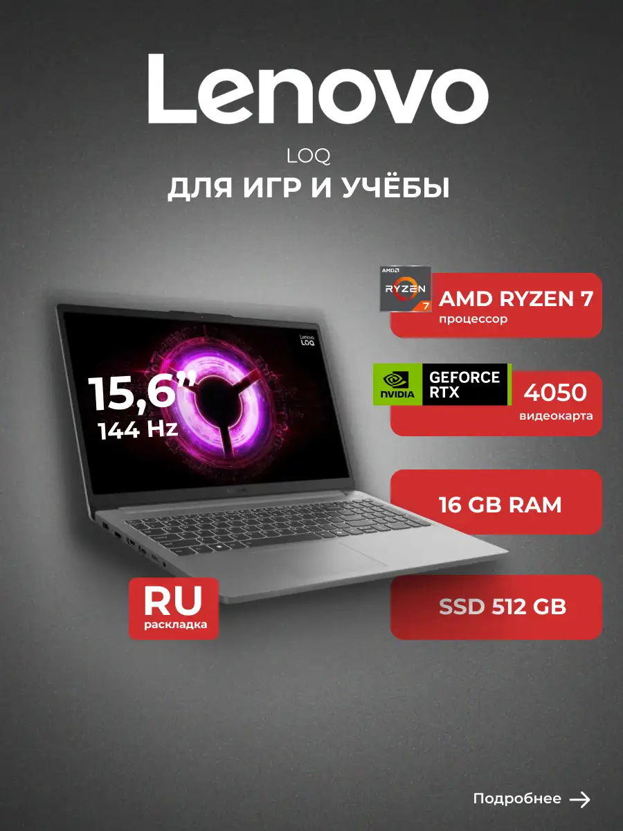 Ноутбук Lenovo LOQ 15ARP10E Ryzen 7 7735HS 16GB / SSD 512GB / GeForce RTX 4050 6GB / NO OS / 83S00009RK - фото 2