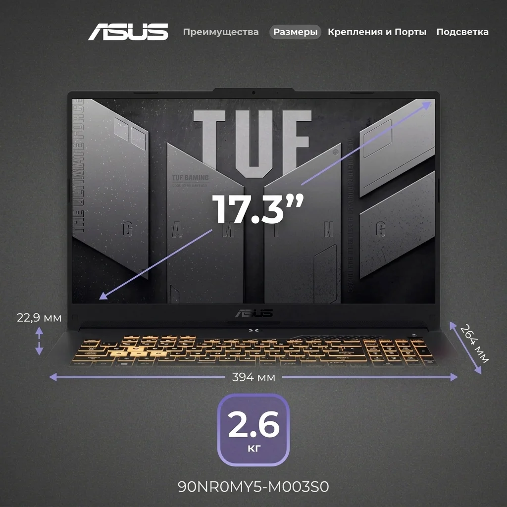 Ноутбук Asus TUF Gaming F17 I5165SG35N Intel Core i5 210H 16 GB / SSD 512GB / RTX 3050 6GB / NO OS / 90NR0MY5-M003S0  - фото 17