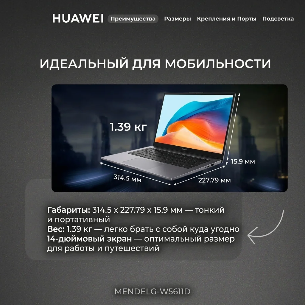 Ноутбук HUAWEI MateBook D 14 MendelG-W5611D Core i5 13420P 16GB / SSD 1TB / UHD Graphics / DOS / 53014QLT - фото 7